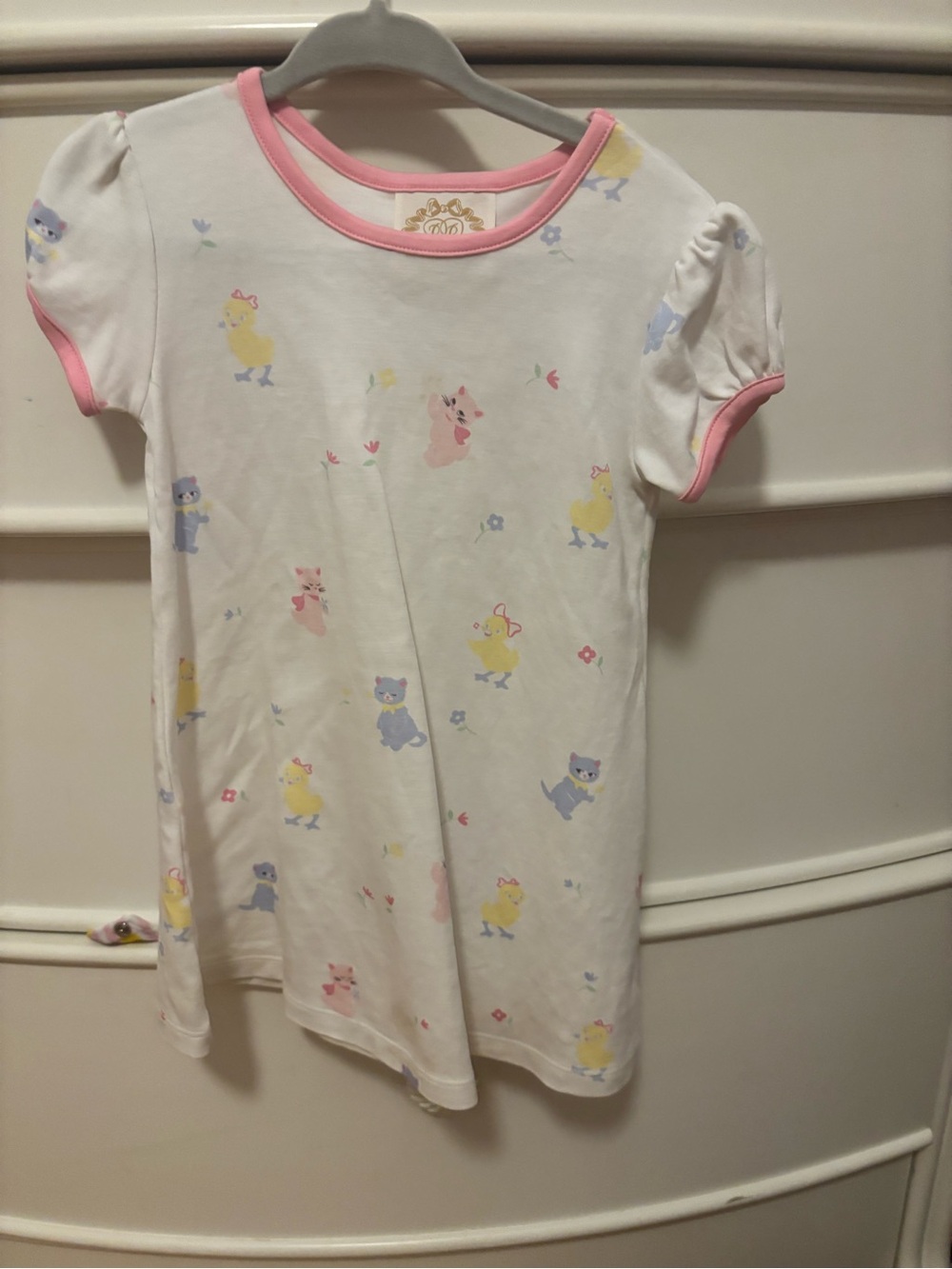 Girls' White Short-Sleeve Nightgown with Pink Trim and Animal Print